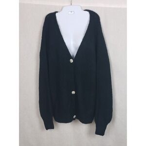 SKIES ARE BLUE Rhinestone Button Fuzzy Knit Cardigan Sweater Forest Green XL